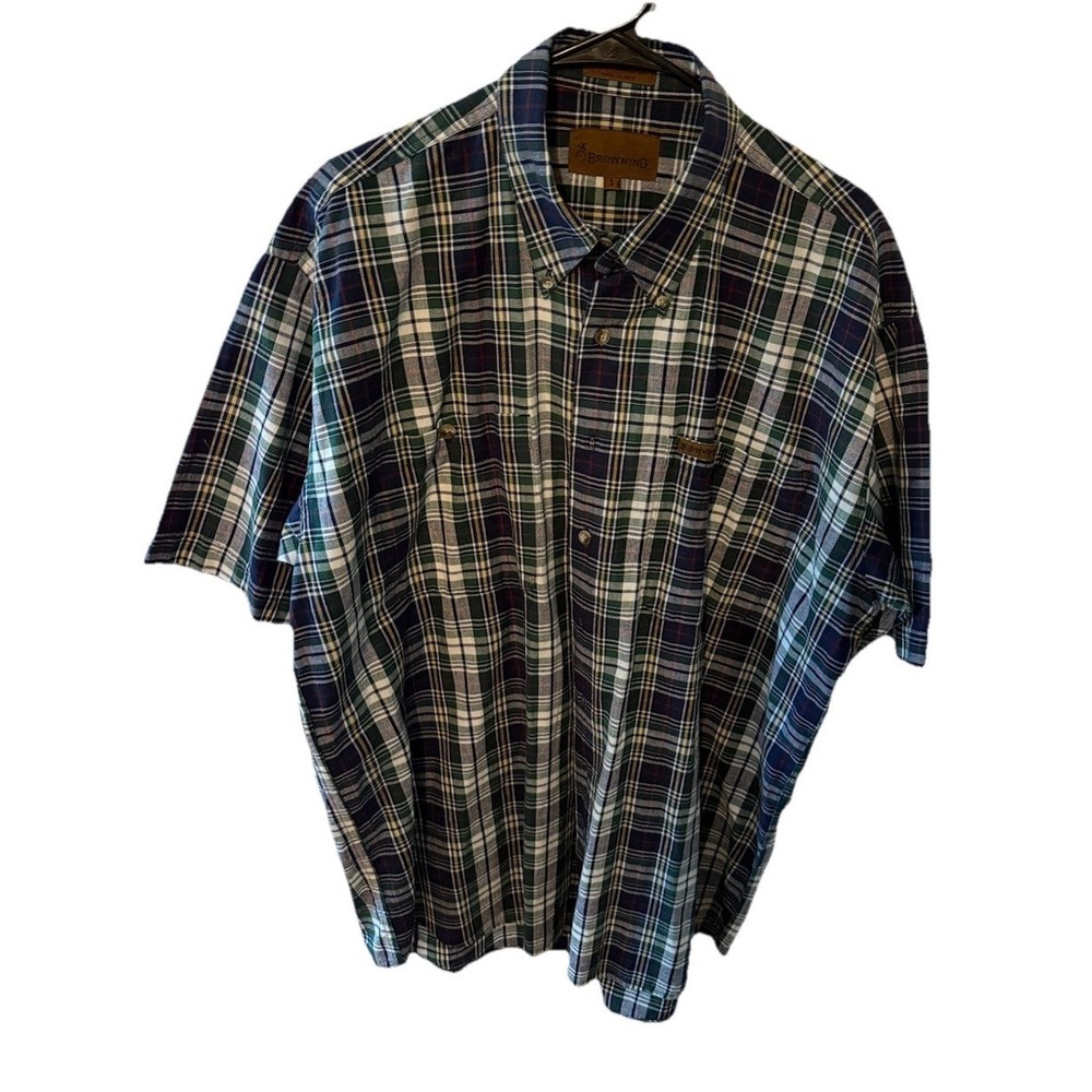Browning Super Naturals Mens Large Green Plaid Short Sleeve Button Down Shirt